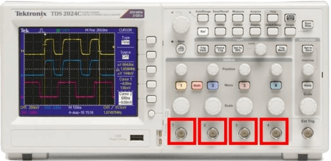 Les voies de l'oscilloscope (rouge)